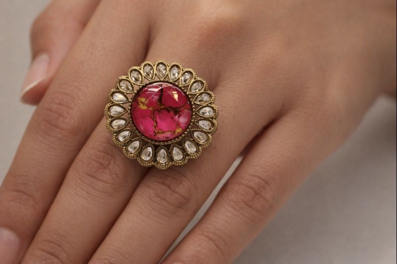 Elegant Pink Stone Statement Ring 💗 | Traditional Party Wear Ring | Adjustable Fancy Ring for Women