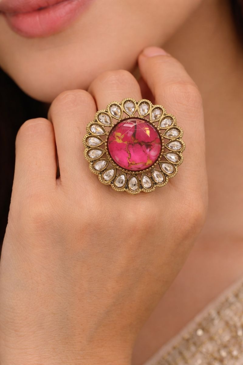 Elegant Pink Stone Statement Ring 💗 | Traditional Party Wear Ring | Adjustable Fancy Ring for Women
