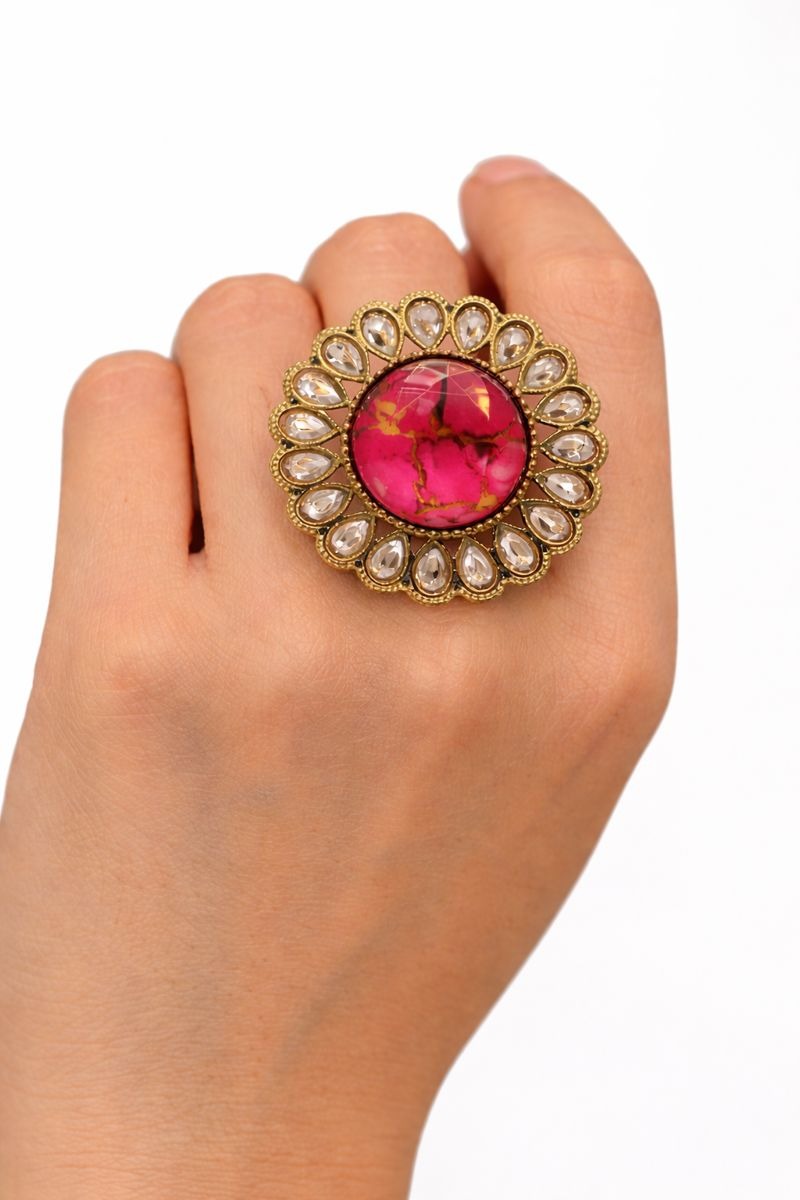 Elegant Pink Stone Statement Ring 💗 | Traditional Party Wear Ring | Adjustable Fancy Ring for Women