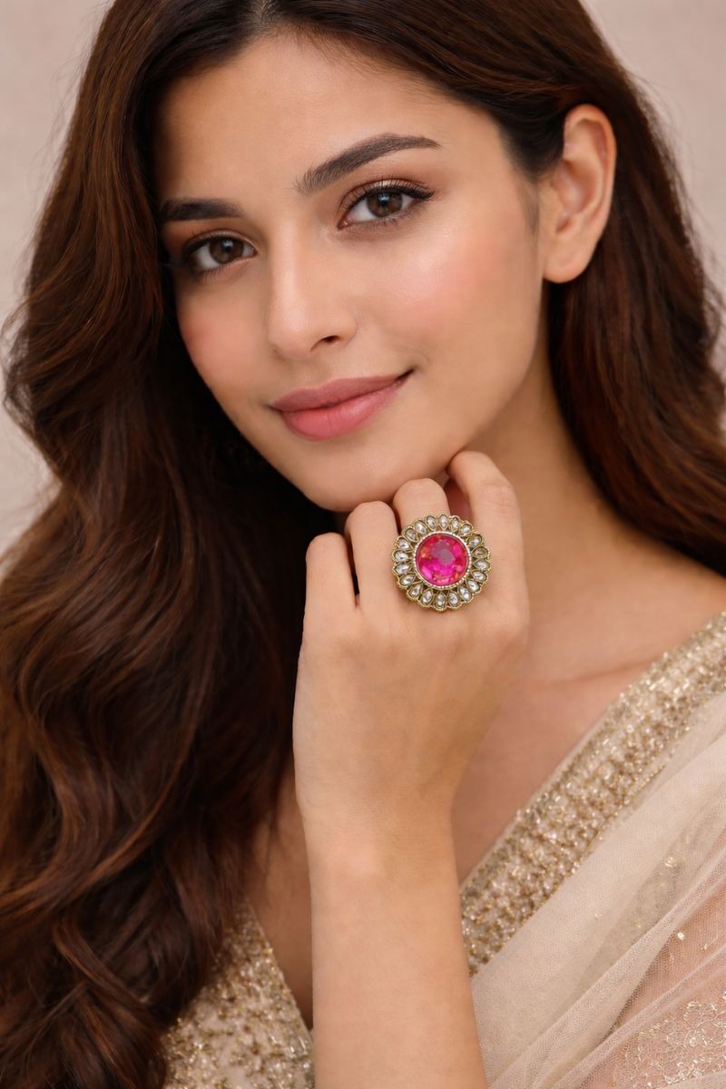 Elegant Pink Stone Statement Ring 💗 | Traditional Party Wear Ring | Adjustable Fancy Ring for Women
