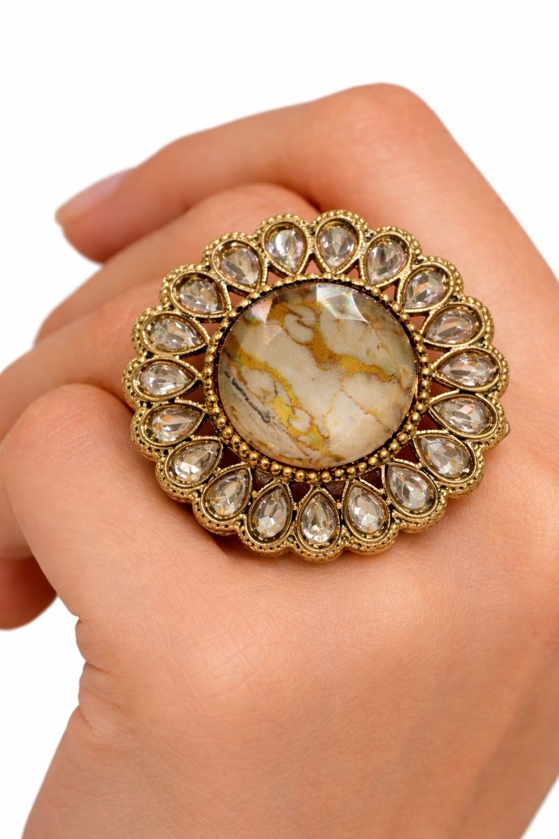 Royal Marble Stone Statement Ring 👑 | Antique Gold-Tone Floral Ring | Adjustable Party Wear Ring for Women