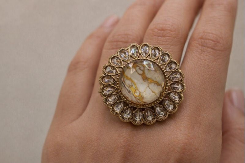 Royal Marble Stone Statement Ring 👑 | Antique Gold-Tone Floral Ring | Adjustable Party Wear Ring for Women