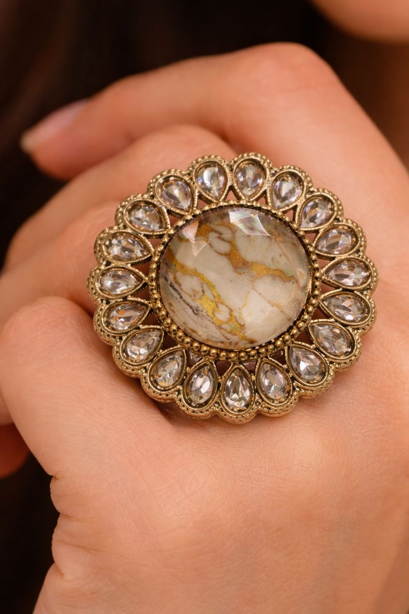 Royal Marble Stone Statement Ring 👑 | Antique Gold-Tone Floral Ring | Adjustable Party Wear Ring for Women