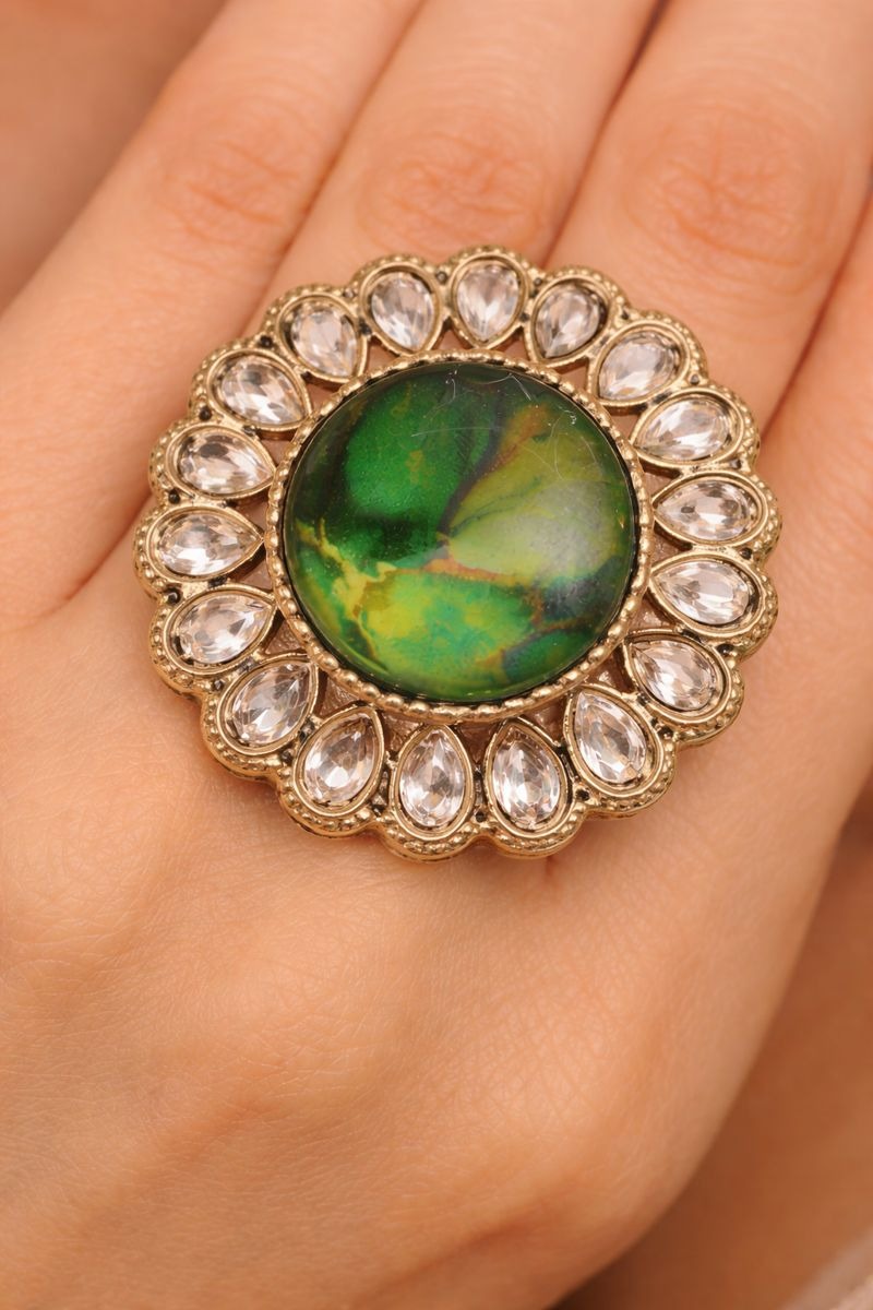 Royal Antique Floral Statement Ring 👑 | Marble Stone Designer Ring | Adjustable Party & Festive Wear Ring for Women