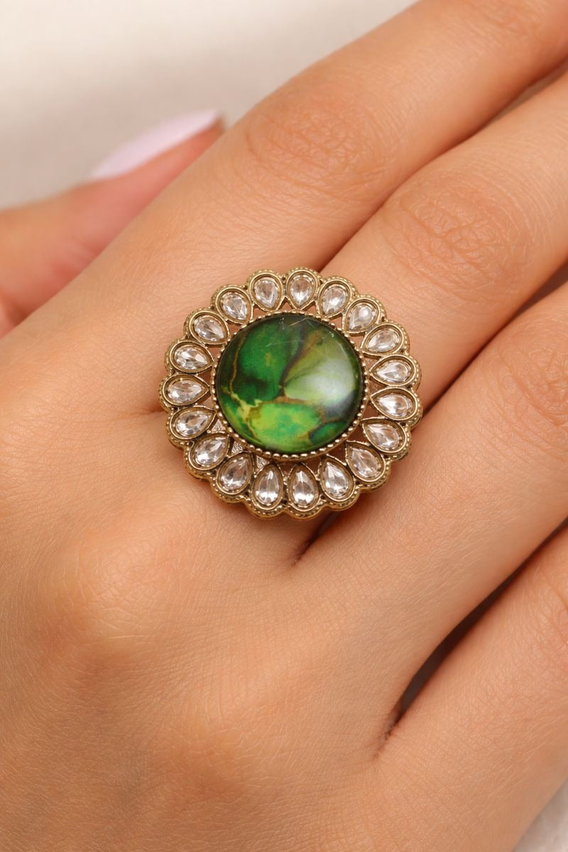 Royal Antique Floral Statement Ring 👑 | Marble Stone Designer Ring | Adjustable Party & Festive Wear Ring for Women