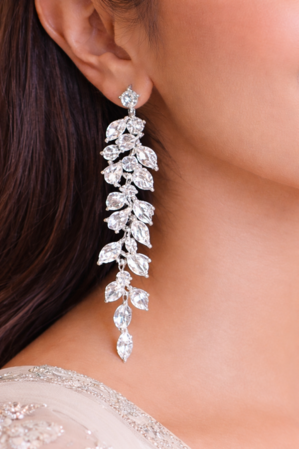 Elegant Crystal Leaf Drop Earrings ✨ | Silver-Tone Designer Dangler Earrings | Party & Wedding Wear Earrings for Women