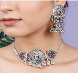 Oxidised Silver Choker Necklace Set with Jhumka Earrings | Traditional Tribal Jewelry Set for Women | Ethnic Statement Set