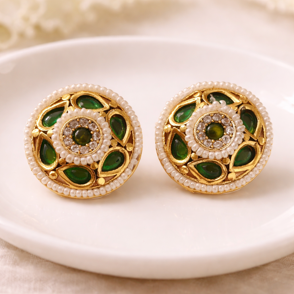 Royal Green Stone Stud Earrings 💚 | Pearl & Gold-Tone Designer Earrings | Festive & Wedding Wear Earrings for Women