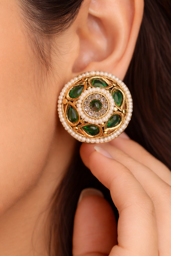 Royal Green Stone Stud Earrings 💚 | Pearl & Gold-Tone Designer Earrings | Festive & Wedding Wear Earrings for Women