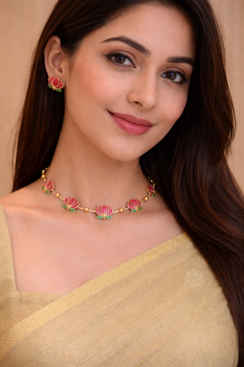 Anayshaaz delicate lotus motif necklace with elegant gold finish