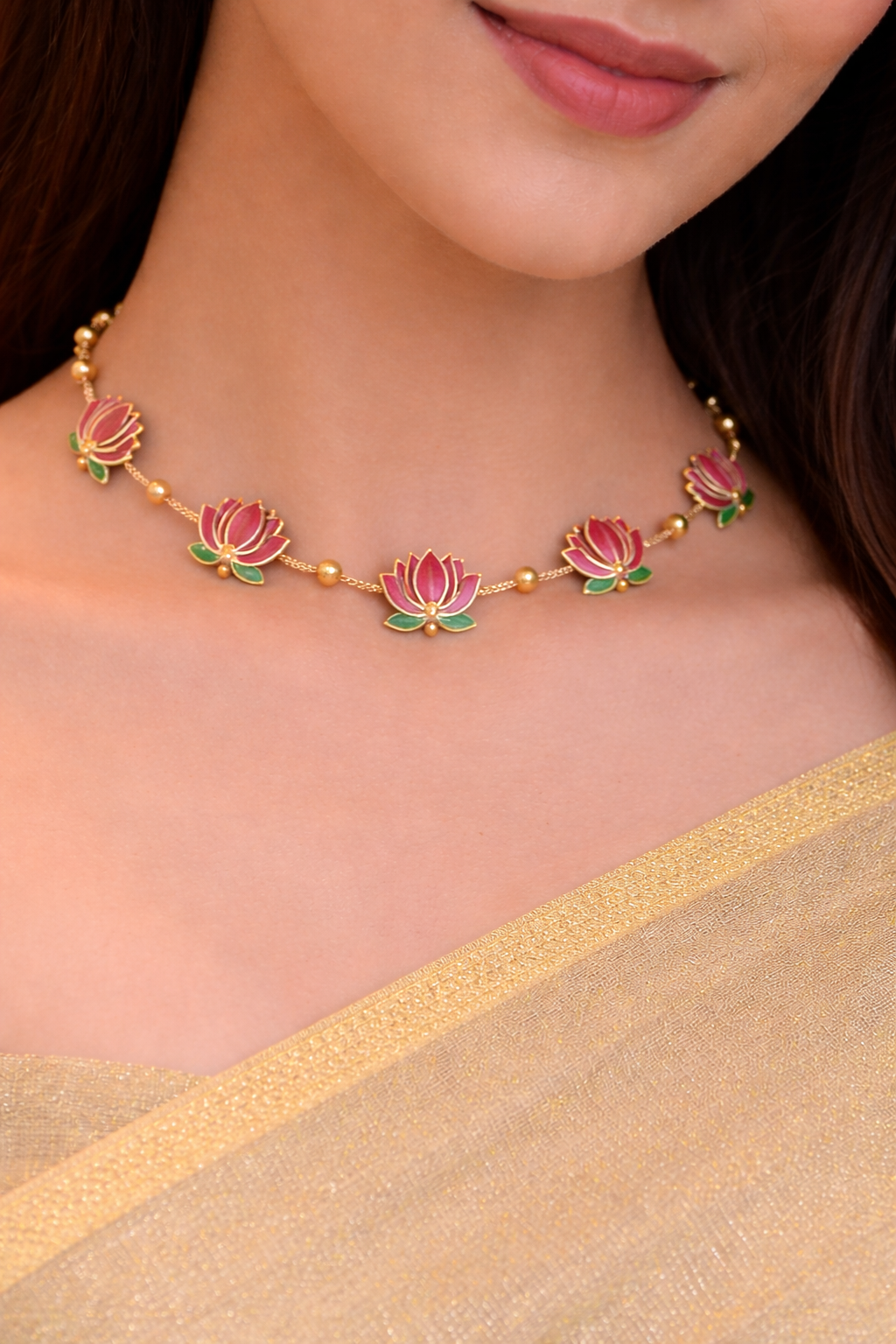 Anayshaaz delicate lotus motif necklace with elegant gold finish