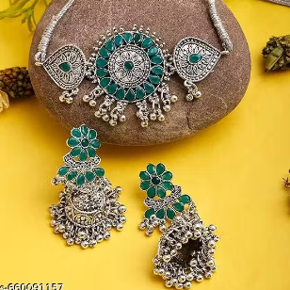 Anayshaaz oxidized silver and green stone necklace set with matching earrings