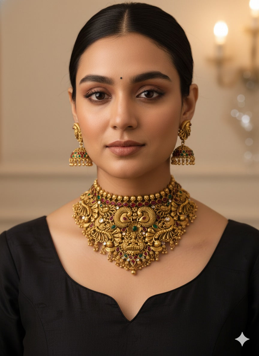 Anayshaaz royal temple choker necklace set with intricate gold detailing