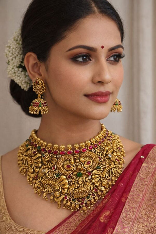 Anayshaaz royal temple choker necklace set with intricate gold detailing