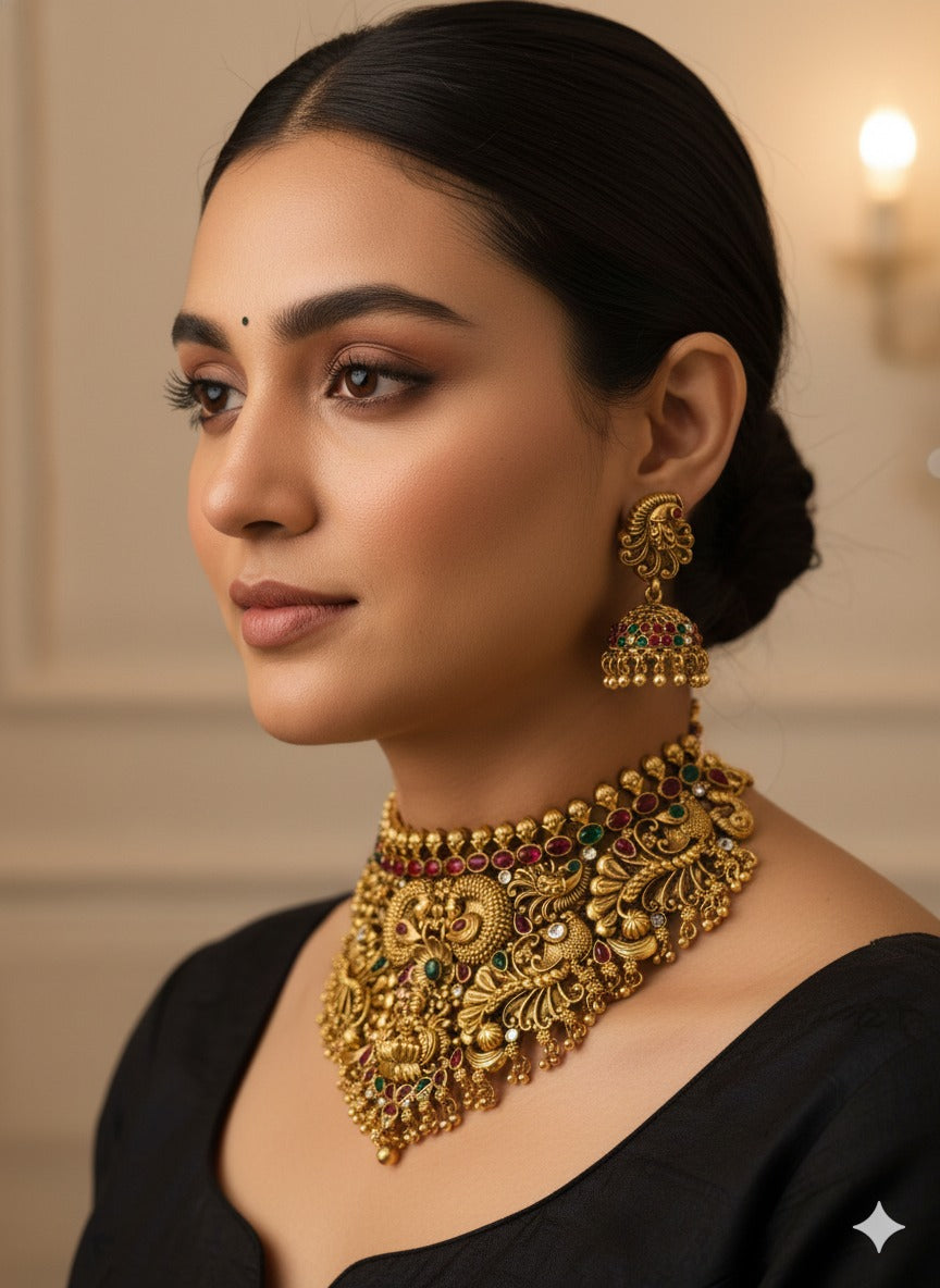 Anayshaaz royal temple choker necklace set with intricate gold detailing