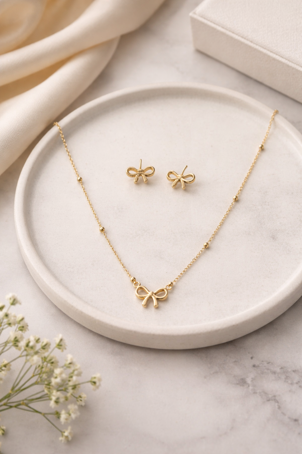 Elegant Gold Bow Necklace & Earrings Set | Minimalist Jewelry Set for Women | Daily Wear & Gift Collection
